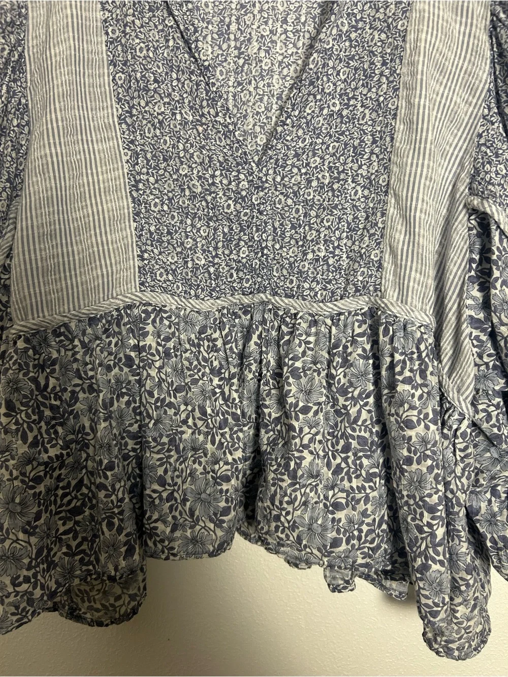 American Eagle Outfitters Blue & White Popover,V-neck Mixed-Print Peasant Blouse - Picture 3 of 8